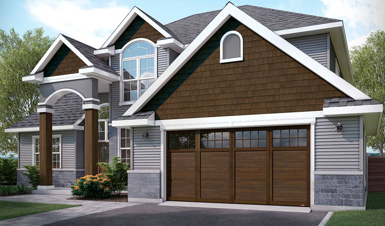 Princeton P-11, 16' x 8', Chocolate Walnut Faux Wood door and overlays, 8 lite Panoramic windows with Clear glass